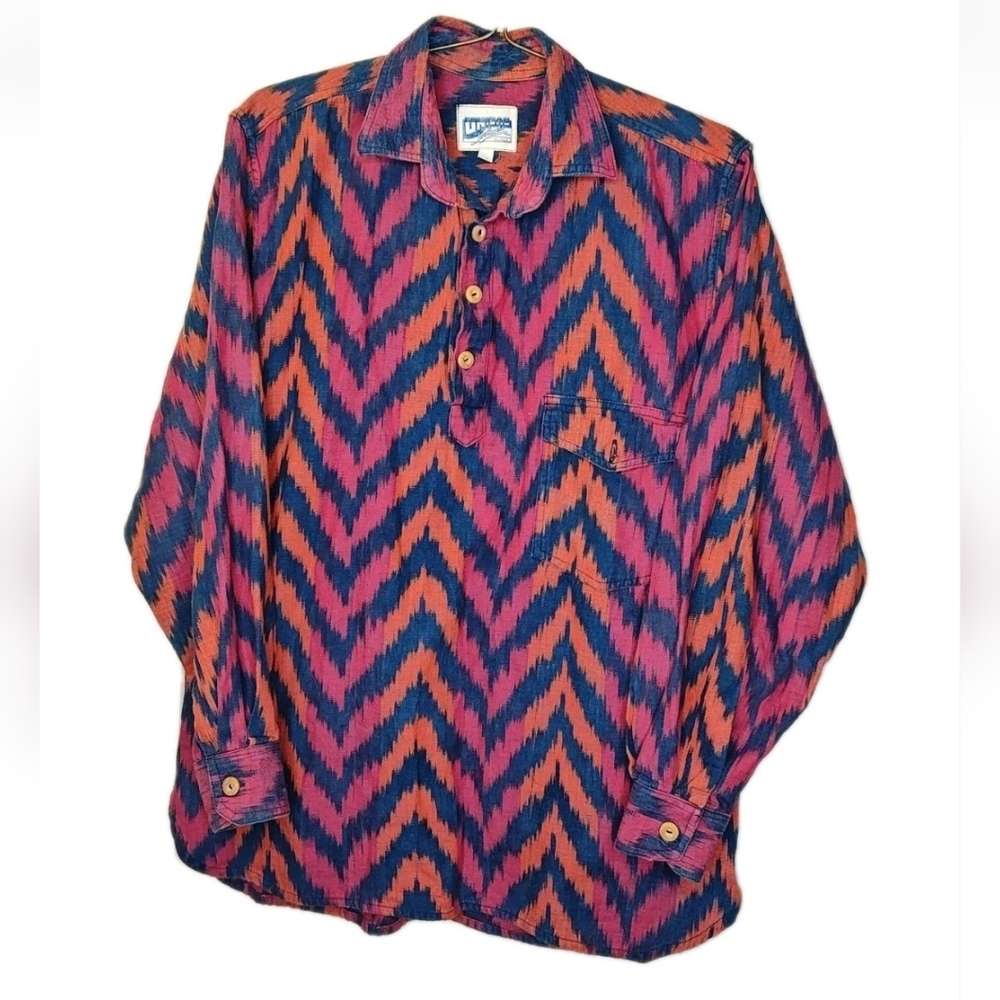 Vintage Southwest Western Work Shirt Sz Med Tribal Aztec Popover Brush Popper